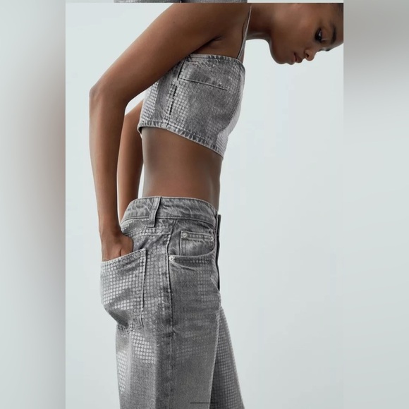 NWOT Zara Sequins Denim Bandeau Top - Picture 2 of 7